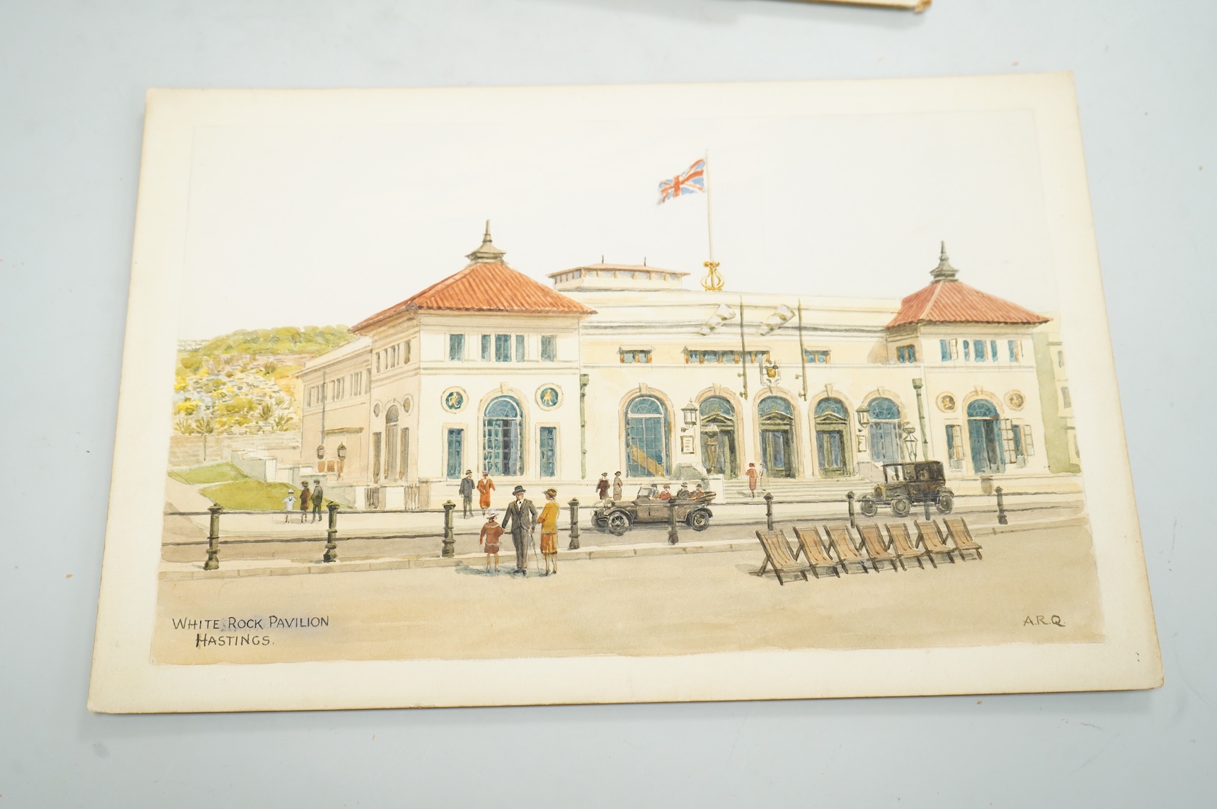 Alfred Robert Quinton (1853-1934), Set of six original watercolours for postcard designs, Sussex coastal towns, to include Warrior Square Gardens, St. Leonards, The Cuckmere Valley, Seaford, Grand Parade and Wish Tower,